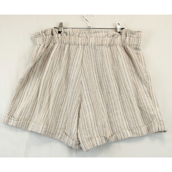 4Our Dreamers Shorts Linen Blend Paperbag Drawstring Metallic Stripe Women L Tan - Picture 2 of 10